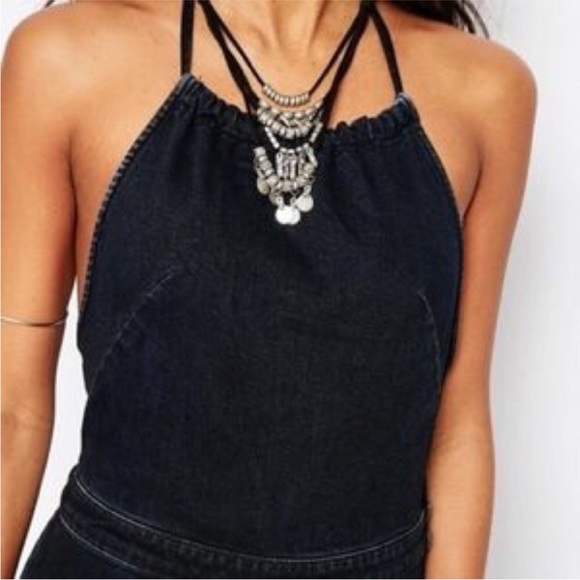 Free People Hearts on Fire Black Denim Open Back Halterall Jumpsuit size 2 - Picture 2 of 14